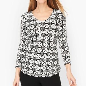 Talbots Sz M Stretch Geometric Black White Elbow Sleeve Blouse Top Shirt‎